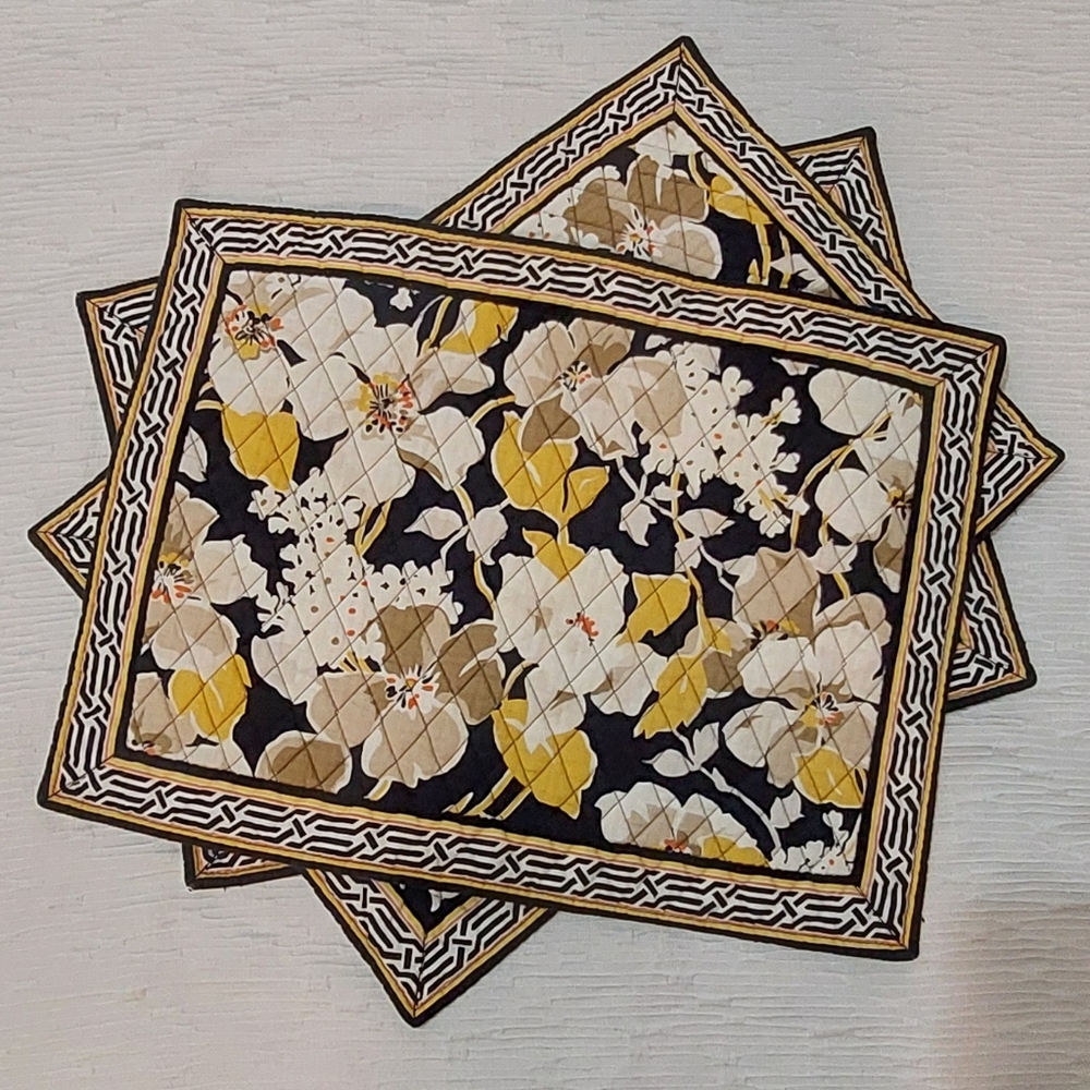 Vera Bradley Floral Quilted Placemats in Black, Yellow, & Cream Set Of 4